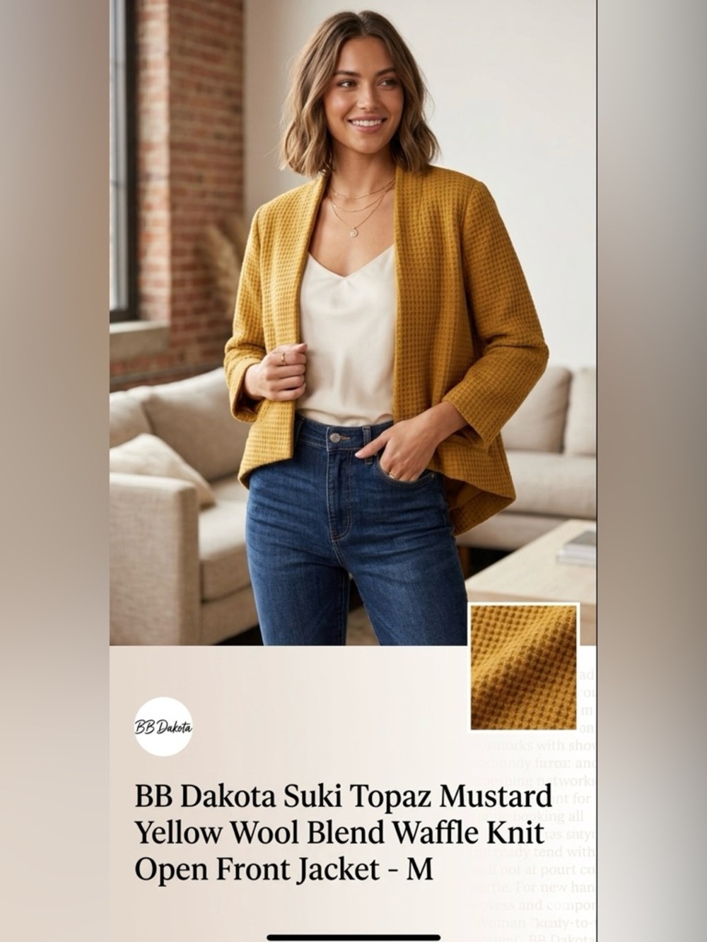 BB Dakota Suki Topaz Mustard Yellow Wool Blend Waffle Knit Open Front Jacket - M